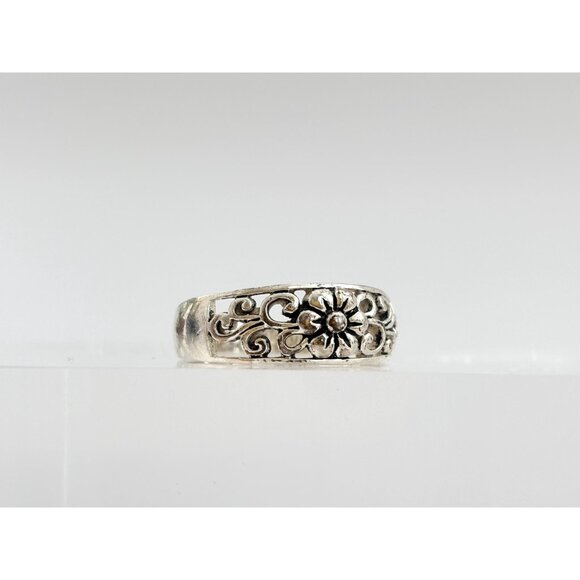 Floral Cutout Accented 925 Sterling Silver Unisex Vintage Ring - sz 9 - Picture 6 of 12